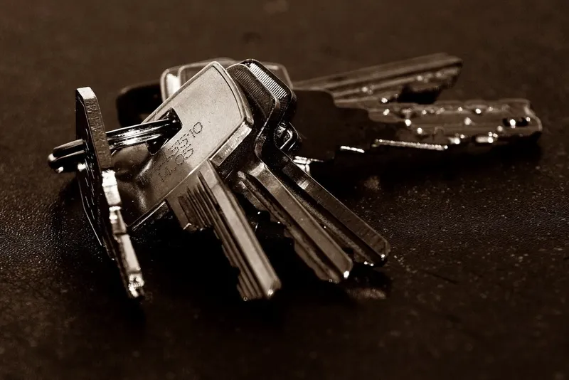 Bunch of metal keys on a dark surface