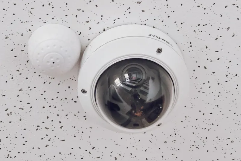 Dome security camera on an office ceiling