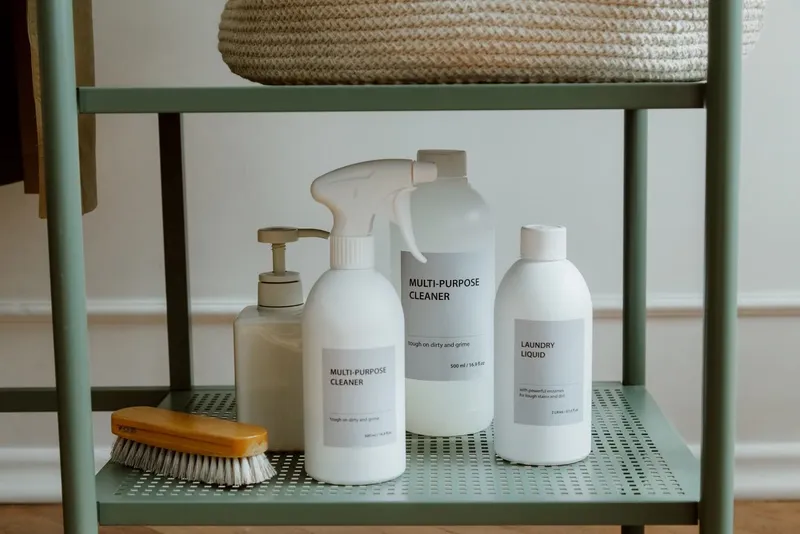 Labelled cleaning products stored on a shelf