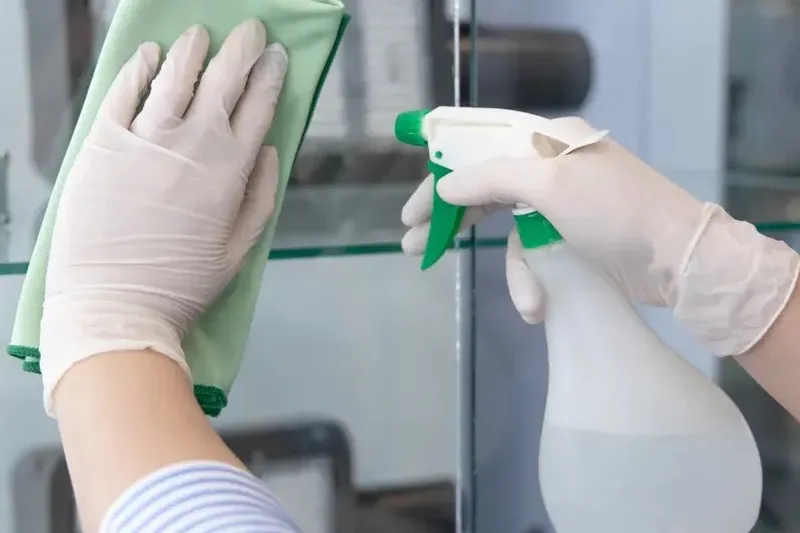 Gloved hands disinfecting a glass surface with a cloth and spray bottle