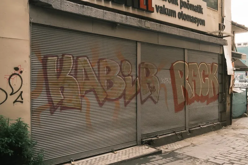 Graffiti sprayed across closed shop shutters