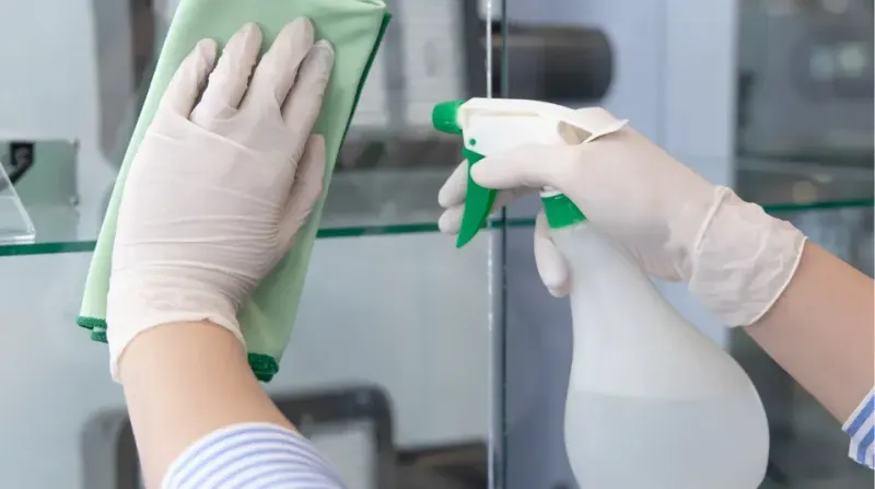 Gloved hands cleaning a glass surface with a cloth and spray bottle