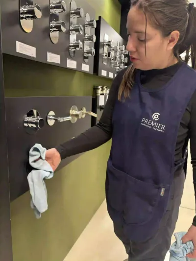 Premier cleaner polishing tap displays in a bathroom showroom