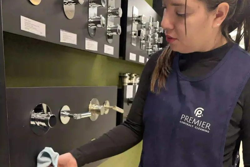 Premier cleaner wiping chrome taps