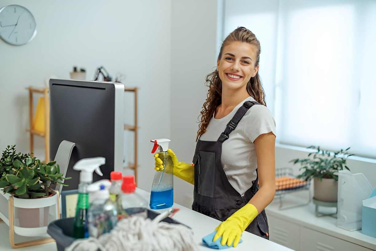 Regular cleaning services - A smiling woman cleaning an office in Dublin