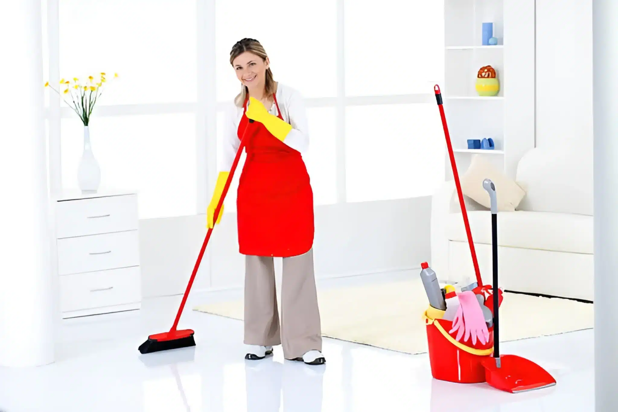 cleaning services in dublin - A woman wearing a red color dress is cleaning the office with a smile