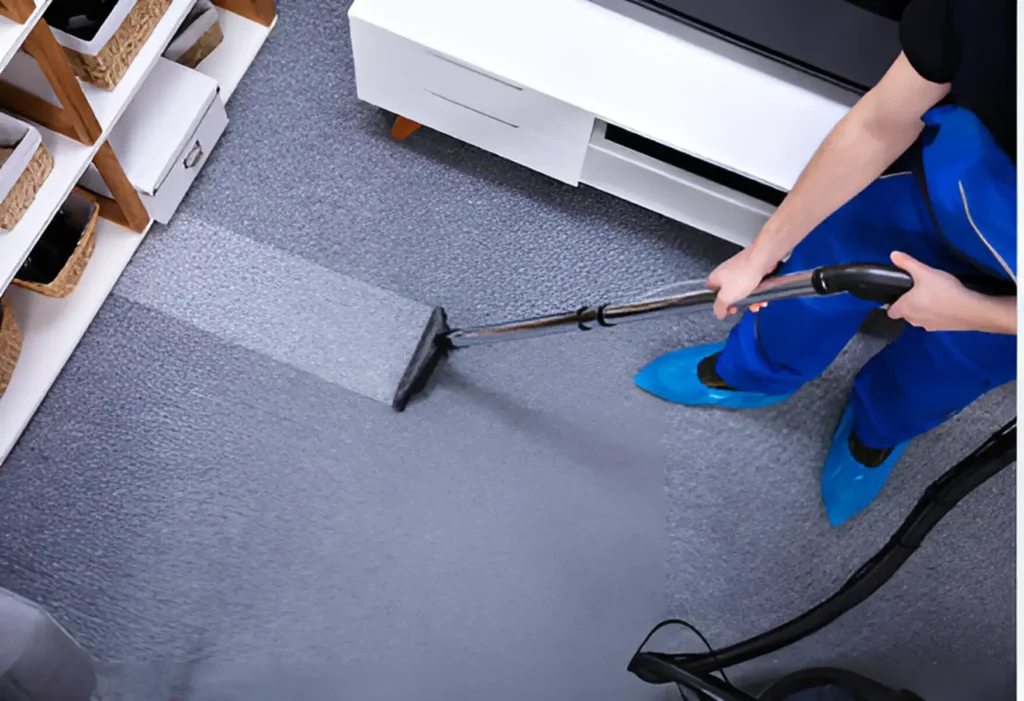 A man cleans an office carpet using the right cleaning method