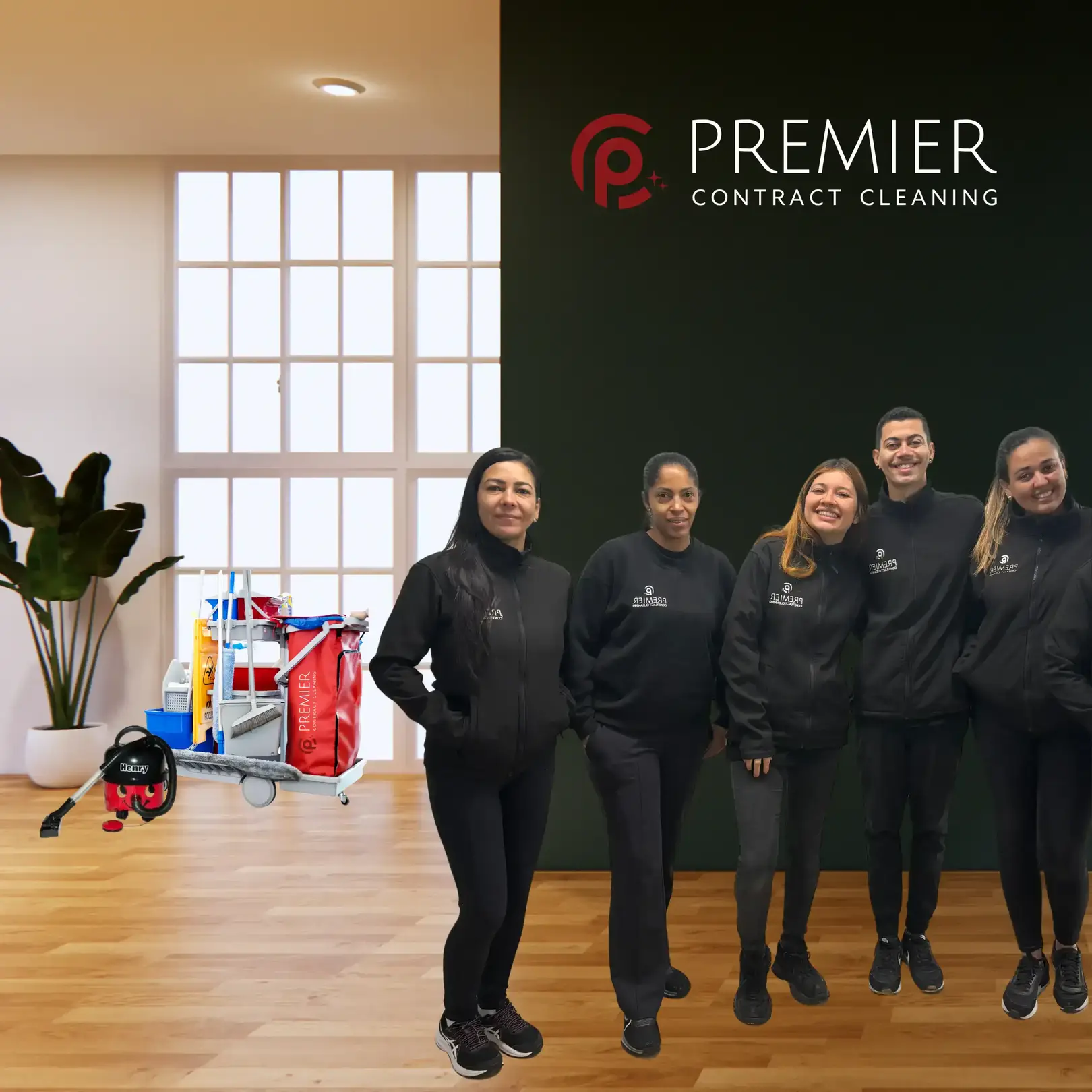 5 premier contract cleaning teams standing smiling face