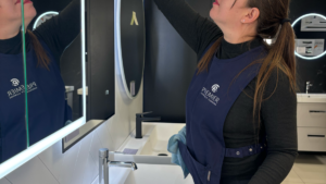 Professional cleaners inspecting a Dublin staff canteen after pest activity, carrying out deep cleaning, sanitation, and food-safe disinfection following a rodent infestation.