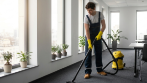 Professional gym deep cleaning team disinfecting gym equipment, weight benches, mats, and changing rooms to help prevent skin infections including ringworm and athlete's foot in a Dublin fitness centre.