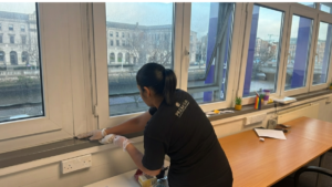Cleaning a blood spill safely in a Dublin office building