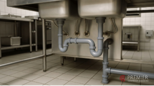 Commercial kitchen drain backing up with contaminated water on the floor before deep cleaning.