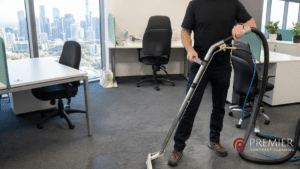 Dublin office corridor during power outage with emergency lighting and cleaning equipment parked safely